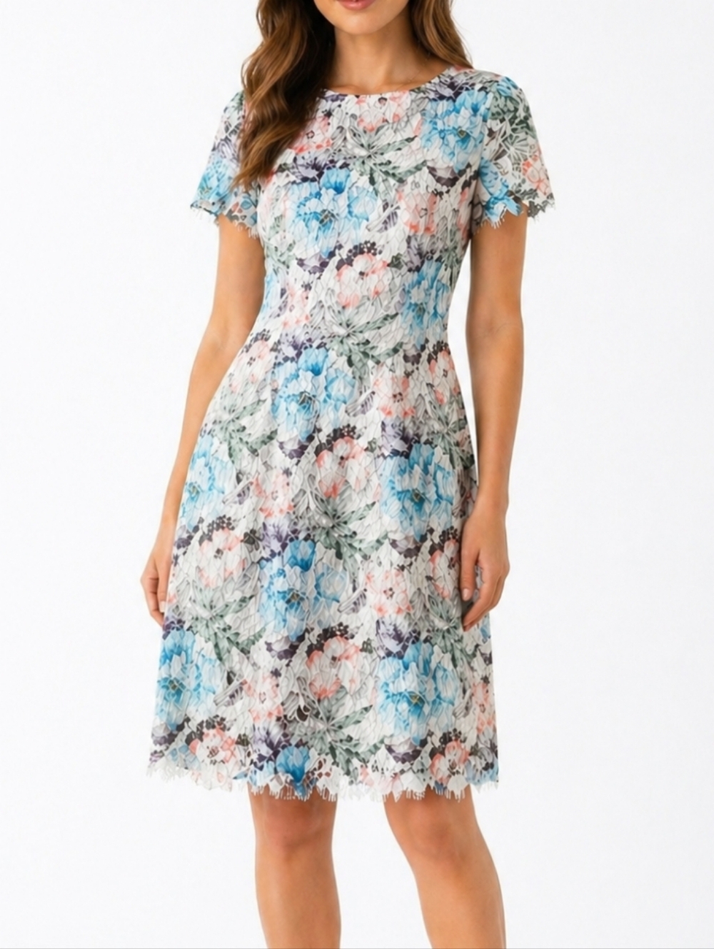 New Preston & York Lace White Floral Peach Blue Green Sheath Spring Dress 8
